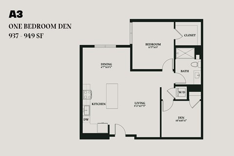 Floor plan for 1 bed, 1 bath, 998 sqft